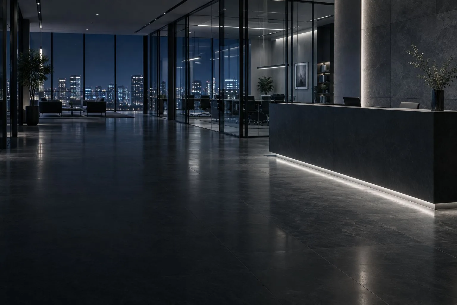 A quiet law firm reception lobby at night, lit offices behind a glass wall