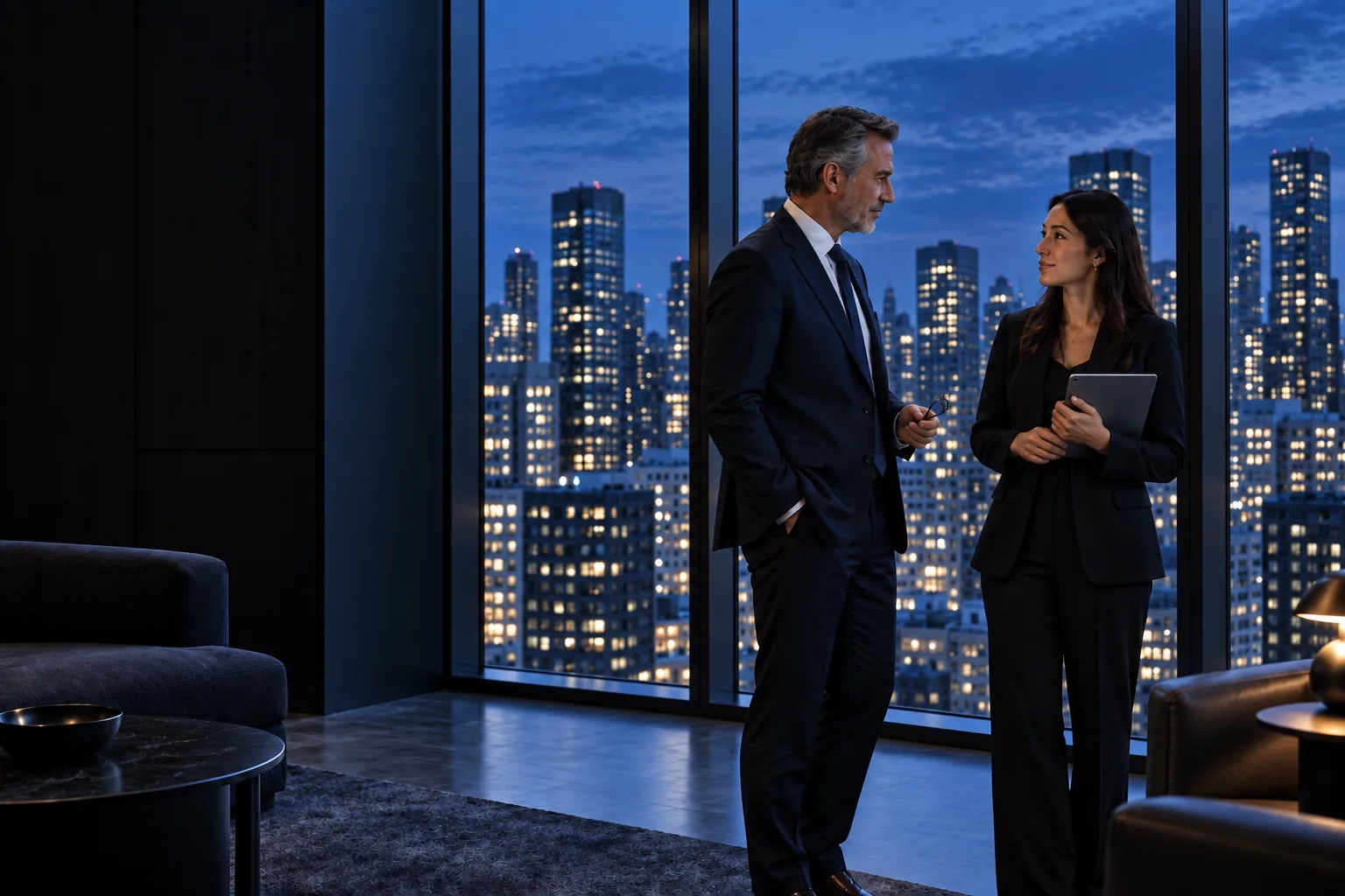 A partner and colleague in conversation by a floor-to-ceiling window overlooking a city skyline at dusk