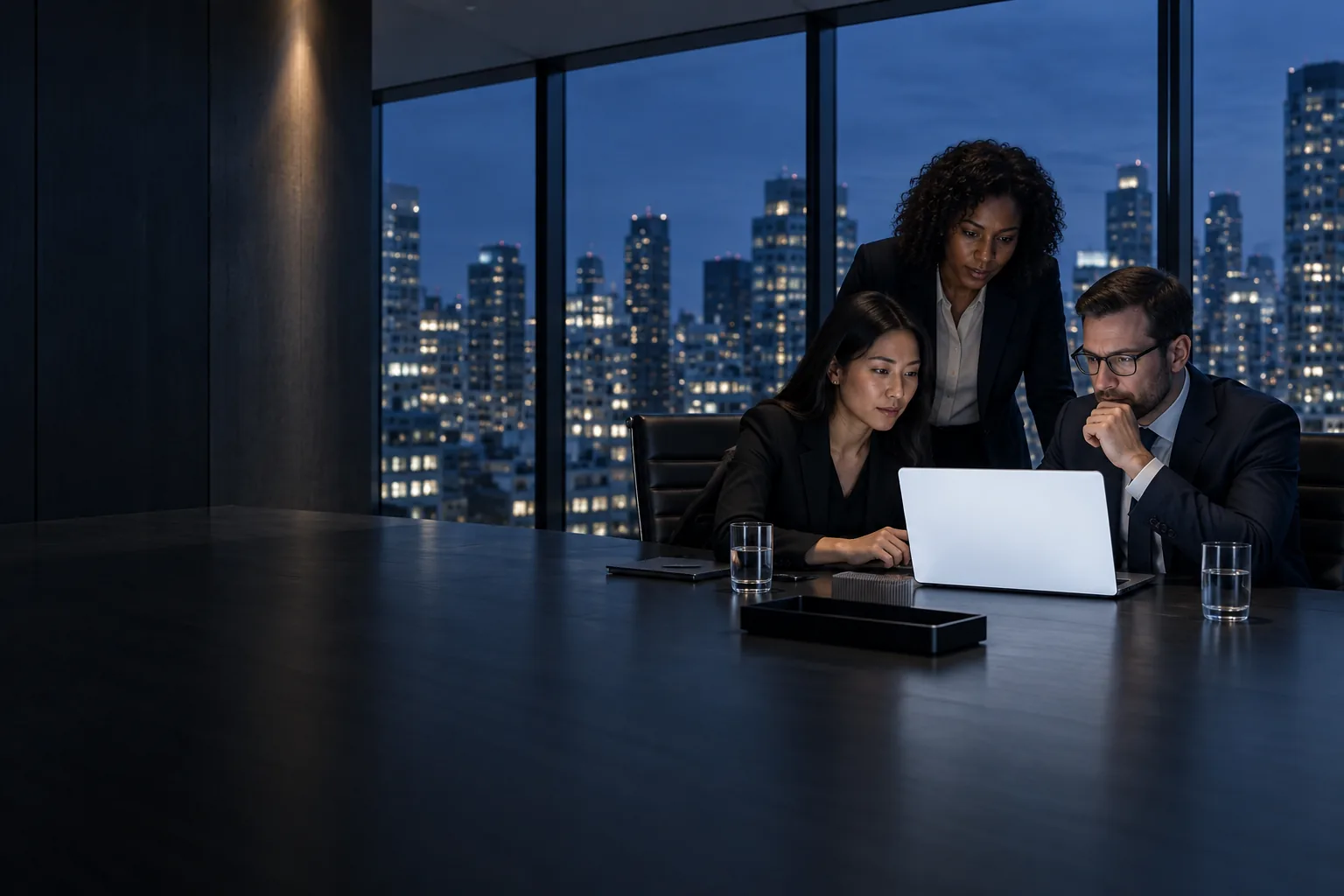 Three attorneys reviewing a laptop screen together in a conference room at dusk, with a city skyline behind them