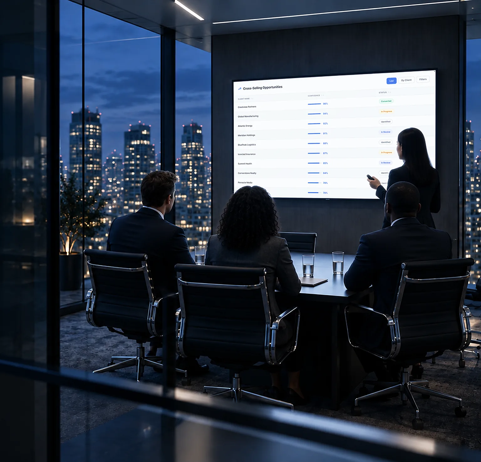 A team viewing the Cross-Selling Opportunities board on a wall-mounted display in a conference room at dusk, seen from behind