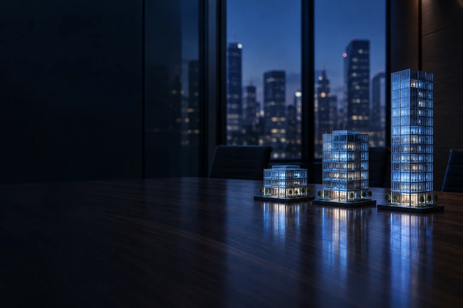 Three glass building models of different heights on a boardroom table at blue hour