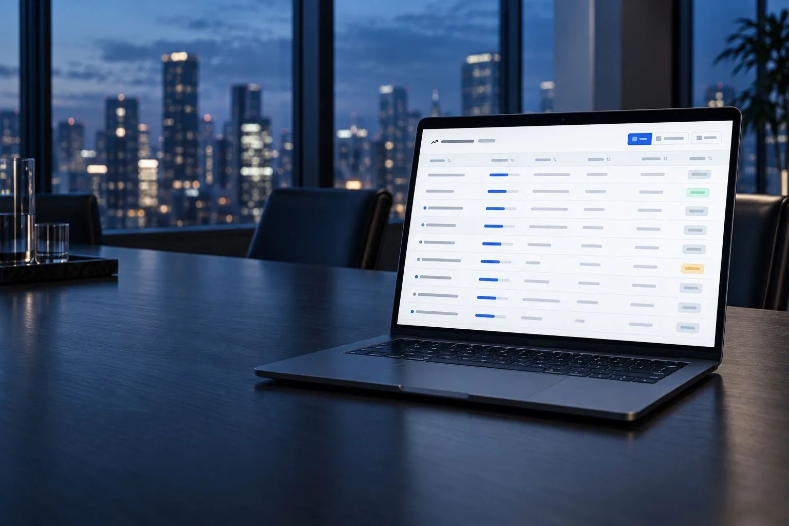 The Advexus opportunity list on a laptop in a boardroom at blue hour