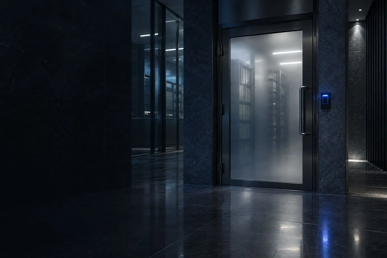 A secured frosted-glass door with an illuminated keycard reader at night